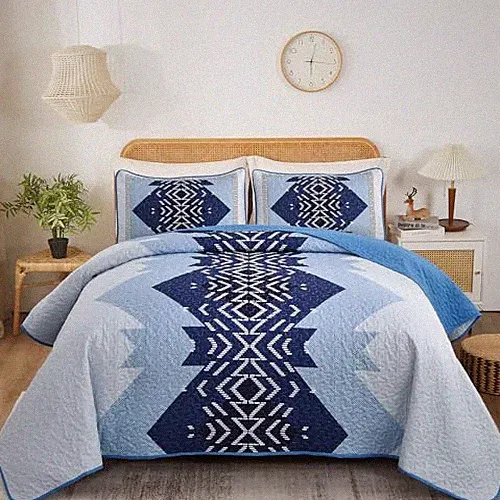 Blue Quilt Set Queen Size,3 Pieces Aztec Texture Bedding Coverlet Set Boho