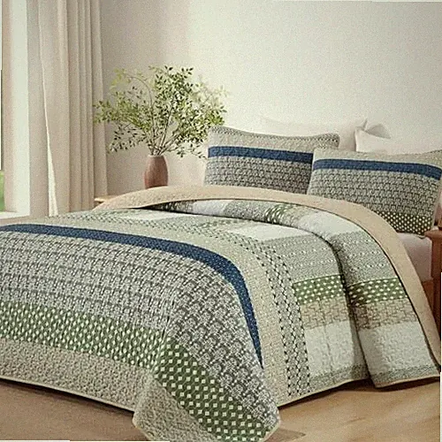 Boho Quilt Size, Bohemian Stripe Quilt Sets 3 Pieces Quilted King Khaki Green
