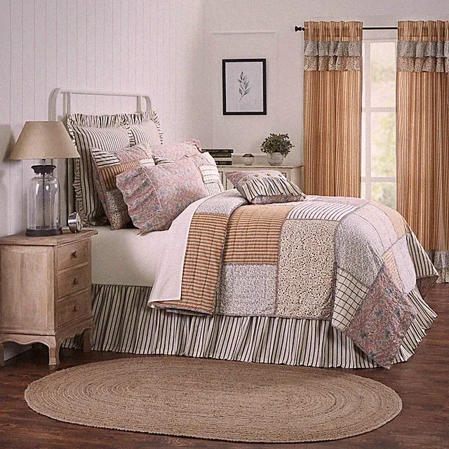 Farmhouse Twin Quilt Set Blue Ruffling Kaila Cotton Hand Quilted VHC Brands
