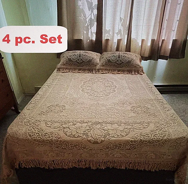 Full SIze Lined Lace Coverlet 4 pc Set Natural Organic Cotton Brown Bedspread