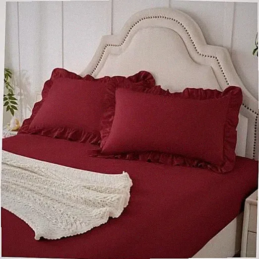 Homiest 3-Pieces Ruffle Pillow Case & Fitted Sheet Set Sheets Full Burgundy