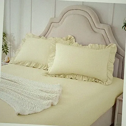 Homiest 3-Pieces Ruffle Pillow Case & Fitted Sheet Set Sheets with Queen Cream