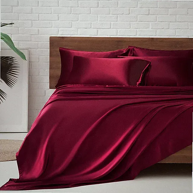 Luxurious Burgundy Satin King Size Bed Sheets Set, 6 Pcs with Deep Pockets
