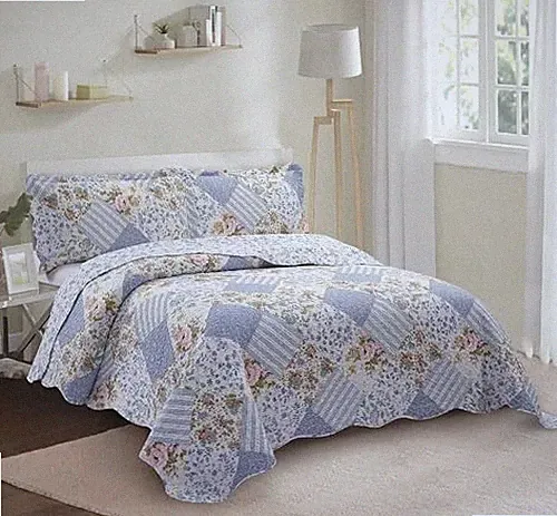 Patchwork, 3-Piece Quilt Set with 2 Shams, Reversible Quilt Set King Blue Rose
