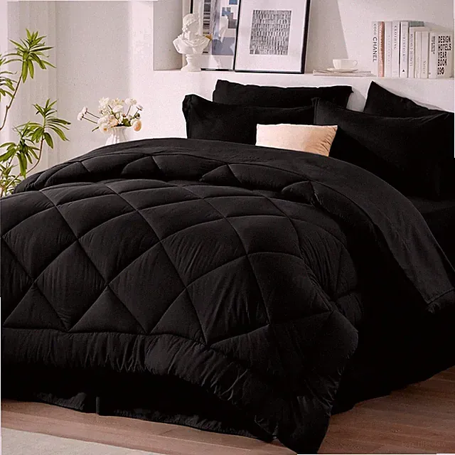 Queen Comforter Set Black - Bed in a Bag Queen Size 8 Pieces, All Season Bed Set