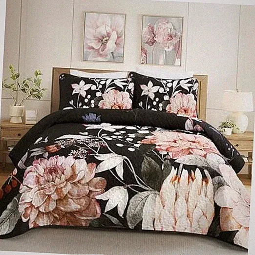 Quilt Size - 3 Pieces Pink Floral Quilt Botanical Bedspread Soft King Black