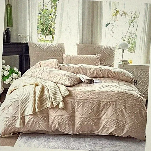 Size Duvet Cover 3 Pieces Set Beige Boho Tufted with Zipper for Queen G-beige