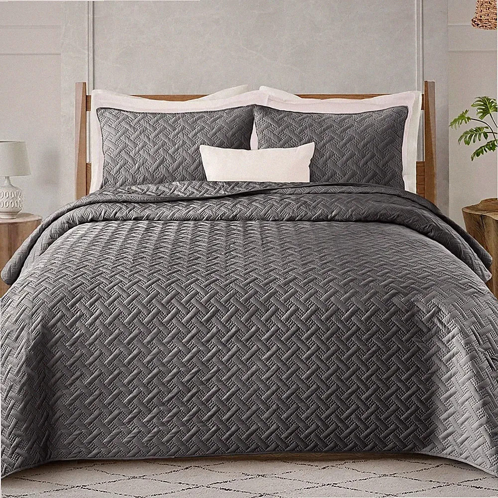 Soft Quilt Set Queen Full Size 3 Pieces Lightweight Quilts Grey Bedspreads Cove