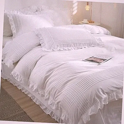 White Ruffle Duvet Cover Queen Size with Pintucks 100% Queen (90"x90") 3 Pieces
